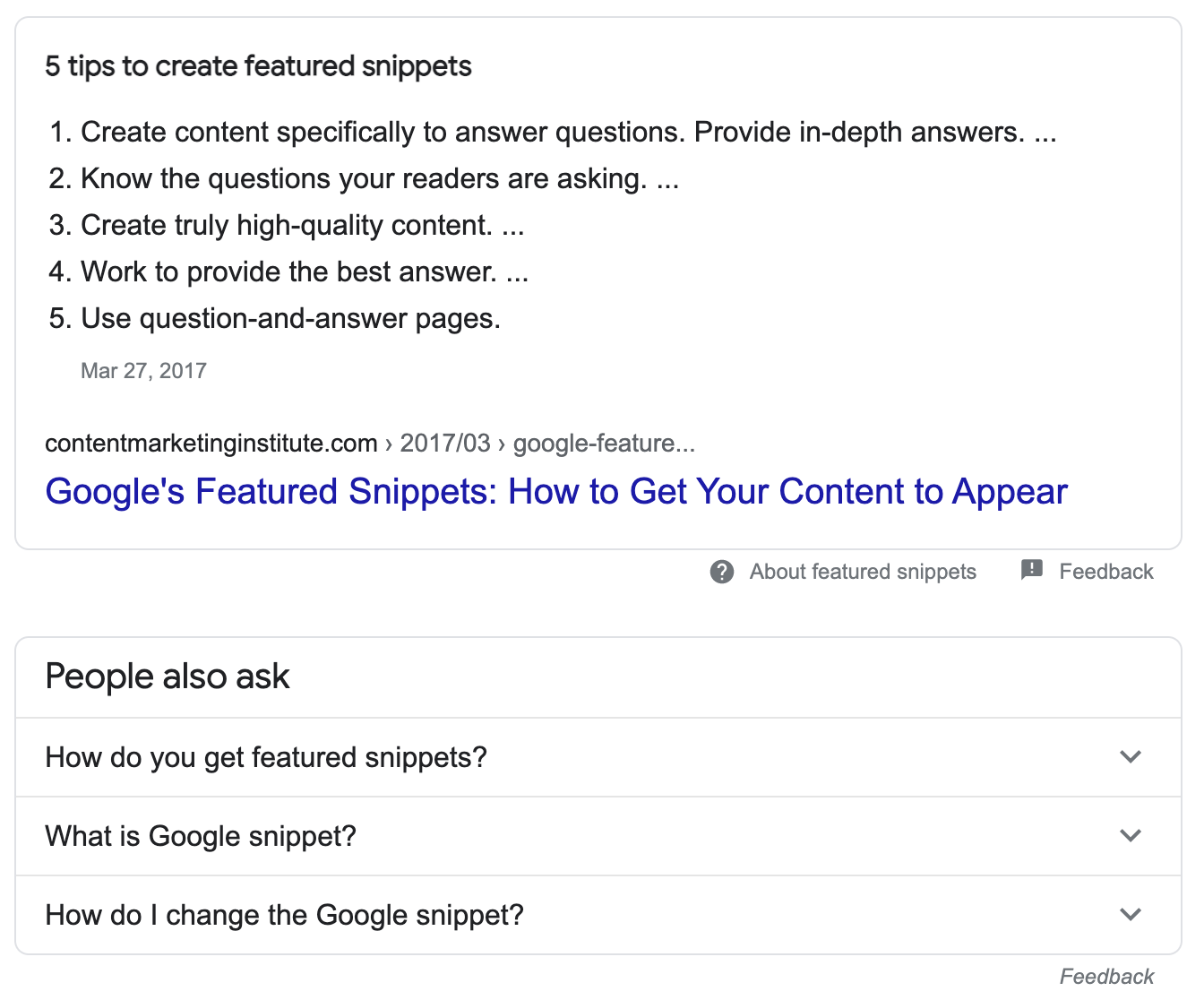 Screenshot of a featured snippet on page #1 of Google.